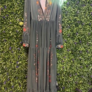 SHEIN Olive Green Long Sleeve Floral Maxi Dress